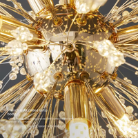 JACKSUN Magnifique Plafonnier Doré Style Floral pour Entrée, Moderne, Forme Pissenlit Feu d'Artifice, Lampe de Plafond en Cristal G9 pour Chambre