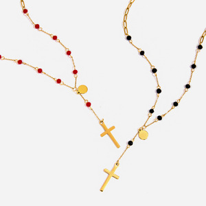 18K Gold Stainless Steel <b>Cross</b> Pendant Necklace Black Glass Bead <b>Chain</b> Everyday Wear Unisex - Product Image 1