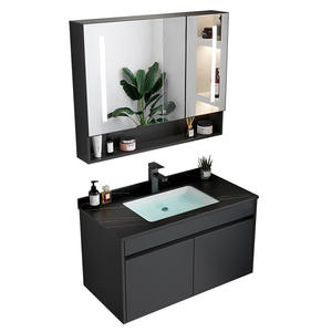 Set Kabinet Penyimpanan Kamar Mandi Aluminium Anti Air dengan Lapisan Hitam Modern, Cermin LED, Wastafel Keramik, dan Rak Lantai untuk Hotel - Product Image 1