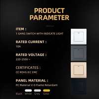 Interrupteur mural 1 gang 1 voie avec indicateur LED, cadre PC ignifuge, couleurs blanc, noir, gris, or, norme européenne 10A 250V