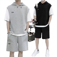 Conjunto de Camiseta para Hombre, Ropa Deportiva Casual para Exteriores, Estilo Veraniego Corto, Tejido Waffle Transpirable, Diseño de Parches 2 en 1, Holgado y Cómodo, 100%