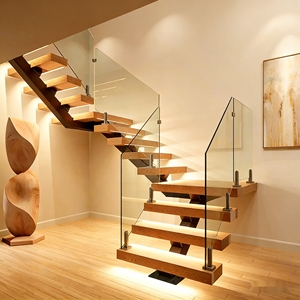 <span class=keywords><strong>Escalier</strong></span> en L moderne intérieur avec garde-corps en verre trempé et marches en bois foncé pour penthouse de luxe - Product Image 3