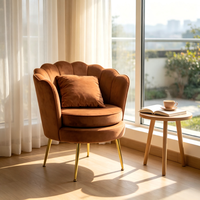 Fauteuil lounge haut de gamme en velours marron nordique, dossier en forme de pétale, pieds en métal doré, pour la maison, le salon, l'hôtel