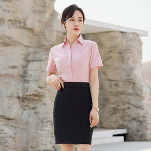 Women's Blue Short Sleeve Shirt Solid Color Bamboo Fiber Office Wear V807 - Product Image 4