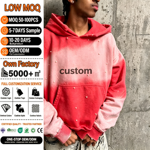 Sudadera con capucha personalizada 100% algodón con cremallera, estampado brillante, lavado vintage desgastado, decoración de perlas, estilo casual - Product Image 1