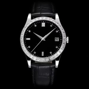 Montre mécanique de luxe automatique Drioshipping de haute qualité avec mouvement 324, lunette sertie de diamants et calendrier, pour femmes et hommes, en cuir de vachette - Product Image 1