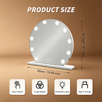 Cermin Rias Bulat Glam Hollywood dengan 10 Lampu Dimmer, Kaca Besar, Kontrol Sentuh, untuk Dekorasi Kamar Tidur dan Meja Rias
