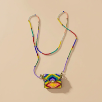 Collier Pendentif Bohème Multicolore en Perles de Verre et Perles de Riz, Motif Géométrique, avec Pochette à Monnaie, pour Filles et Femmes, Cadeau