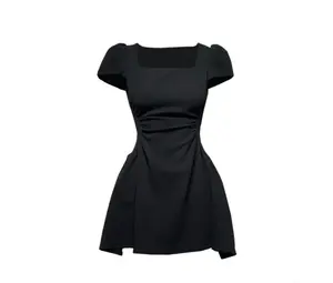 Custom Solid Color Square Collar Fold Waist Short Sleeve Dress