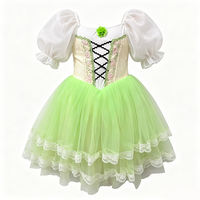 Robe de tutu de ballet en nylon vert pour filles, manches courtes bouffantes blanches, costume de princesse, dentelle florale pour enfants, performance de danse sur scène