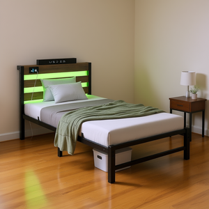 Base de Cama Doble con Plataforma y Cabecera LED con Estación de Carga USB, Diseño Moderno de Acero para Dormitorio - Product Image 2
