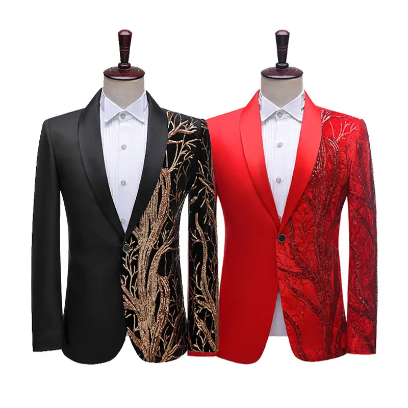Men Gold Sequins Slim Fit Red Black Blazer One Button Shawl Lapel Evening Party Bar Nightclub Show Singer Host Suit Jacket
