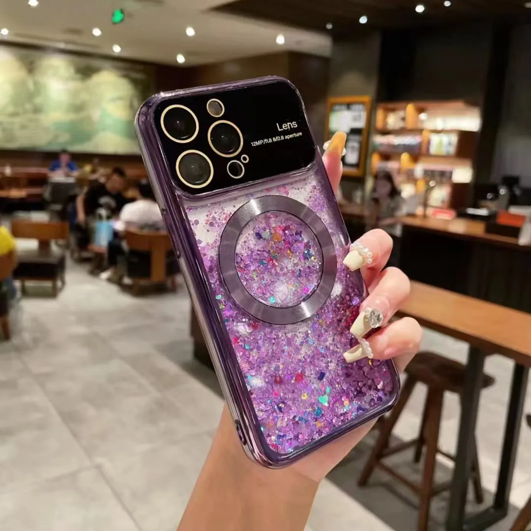 Amor Groot Raam Max Camera Lens Bescherming Mobiele Water Glitter Telefoonhoesje Voor Iphone 15 14 13 Pro Max Telefoon Hoesje