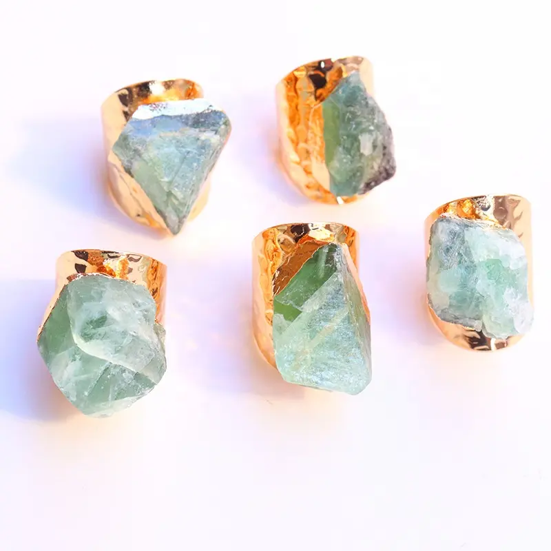 Gold Electroplated edged Natural Crystal Raw Stone Ring Irregular shaped Green Fluorite ring