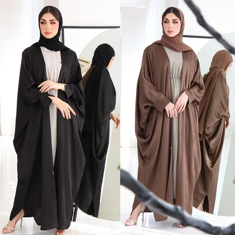 Abaya gaya sederhana wanita gaun Muslim Turki 2024 terbaru hitam Abaya Dubai jubah lengan kelelawar terbuka