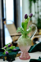 Vase en verre soufflé à la main avec bord festonné, vase décoratif rose et vert pour centre de table