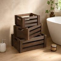 Ensemble de 3 caisses de rangement emboîtables en bois massif à lattes, avec poignée découpée, style rustique et décoratif pour salle de bain