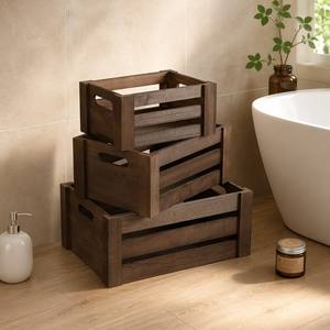 Ensemble <span class=keywords><strong>de</strong></span> 3 caisses <span class=keywords><strong>de</strong></span> rangement emboîtables en bois massif à lattes, avec poignée découpée, style rustique et décoratif pour <span class=keywords><strong>salle</strong></span> <span class=keywords><strong>de</strong></span> <span class=keywords><strong>bain</strong></span> - Product Image 5