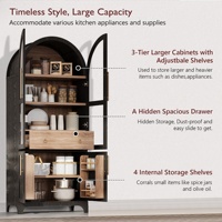 Gabinete de almacenamiento de despensa de cocina arqueado alto Estantes abiertos ajustables Cajón oculto Estilo de granja Comedor de vidrio Muebles para el hogar