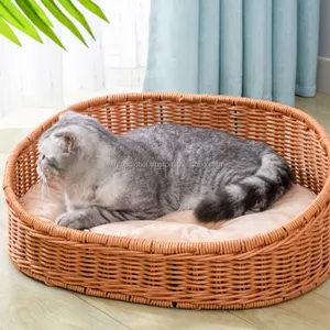 Evde köpek kedi kulübesi değiştirilebilir kapakları çin el yapımı jenerik Rattan dokuma yarı kapalı Pet Villa kedi yuva ev köpek yatağı
