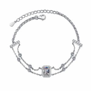 925 Sterling Silver Bracelet 5*7mm Emerald Cut Gra Certificate Blue Moissanite Diamond Bracelet Double <b>Rows</b> Adjustable Bangle - Product Image 1