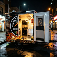 Remorque alimentaire commerciale avec porte arrière, table pliante, plancha à gaz et comptoir pour tacos à Miami Night Beach Street