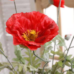 Venta al por mayor <span class=keywords><strong>2</strong></span> cabezas de tela de seda artificiales amapolas rojas flores para la celebración del festival - Product Image 4