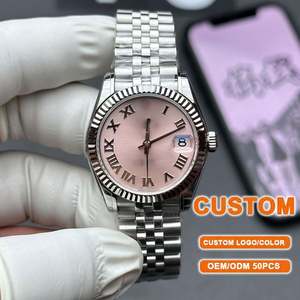 Montre mécanique automatique de haute qualité avec cadran rose, bracelet en acier inoxydable tendance, montres avec calendrier pour femmes - Product Image 1