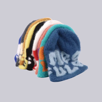Maßgefertigte Jacquard-Logo Strickmütze Winter Hochwertige Imitation Nerzfell Samt Flauschige Beanie Warme Flauschige Mohair-Mützen Acryl Gestrickte Skullcaps