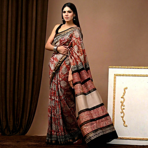 Sari de Seda Maheshwari Premium con Borde Dorado Zari y Estampado a Mano, Prenda Étnica Tradicional India - Product Image 1