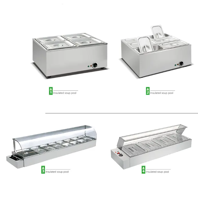 โต๊ะอบไอน้ำ Bain Marie ไฟฟ้ามีฝาปิดกระจกที่อุ่นอาหารบุฟเฟ่ต์ร้านอาหารดูไบ