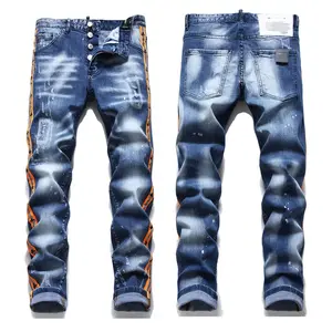 AeeDenim Personalizar LOGO Nova chegada calças slim-fit calças elásticas personalidade moda lado laranja webbing jeans dos homens denim