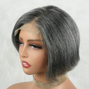 Perruque ZKStraight en <span class=keywords><strong>cheveux</strong></span> humains européens, dentelle française 4x4 transparente, gris, Remy vierge, courte, sans colle, avec ligne de <span class=keywords><strong>cheveux</strong></span> naturelle, densité 150% - Product Image 2