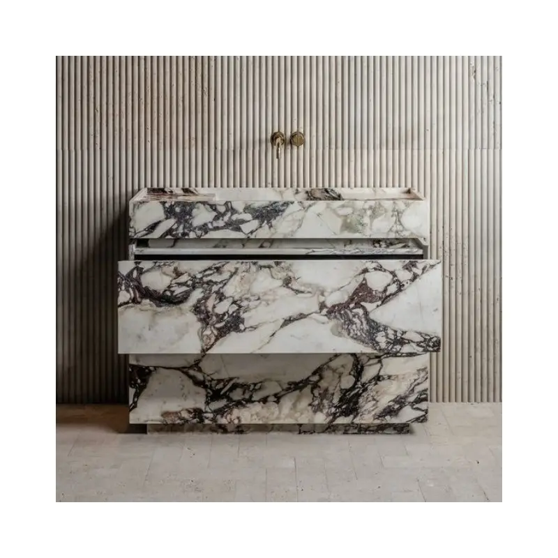 SHIHUI Custom Design Modern Stone Furniture Calacatta Viola Marble Wood Vanity Sink Wash Basin Bathroom Vanities Cabinet