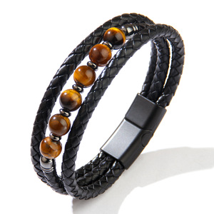 Bracelet en cuir tissé pour homme avec perles de sept couleurs et fermoir magnétique, bijoux tendance - Product Image 5