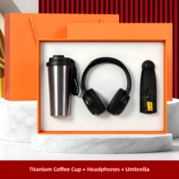 Allwetter-Reise 3-in-1 Tragbarer Titan-Isolierbecher Kabelloses Headset 5-Fach Faltbarer Regenschirm Regen oder Sonnenschein Tägliches Vorteilspaket