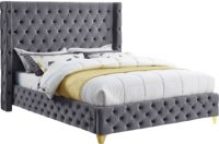 Combohome Cama Moderna Tapizada en Terciopelo, Estructura de Roble Macizo, Acolchado Profundo con Botones, Acabado Cromado Dorado, Gris, Ecológica