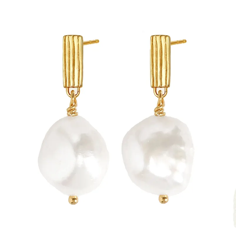 Gemnel minimalist design textured stud freshwater baroque 18k 925 silver pearl drop earrings