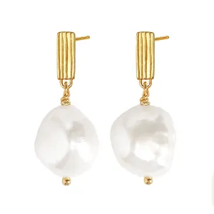 Gemnel Minimalist Design Textured Stud Freshwater Baroque 18k 925 Silver Pearl Drop Earrings