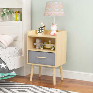 Solid Oak 2-Tier Storage <b>Nightstand</b> with Collapsible Fabric Drawer Kids/Adults End Table Side Cabinet - Product Image 1