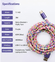 Câble de données USB-C Type-C en peluche violette, charge rapide, câble magnétique USB 60W 2A, batterie externe IOS Togudu, vente flash