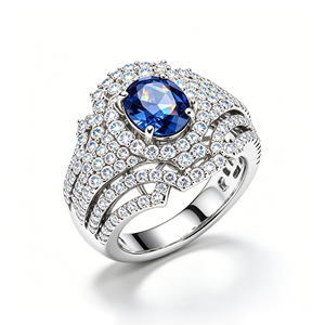 Anillo de Compromiso de Lujo para Mujer, Chapado en Oro de 14k, con Zafiro de Corte Ovalado y Detalles de Diamantes Pavé - Product Image 1