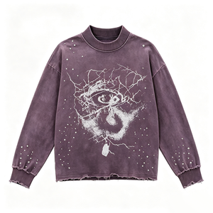 T-shirt Streetwear Col Rond Effet Délavé Vintage avec Motif Rhinestone Hotfix Effet Craquelé et Bordure Effilochée, Détails en Strass Dispersés - Product Image 2