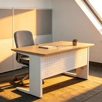 Meja Kantor Eksekutif Modern Tunggal dengan Panel Depan Berlubang dan Kaki Logam Premium untuk Area Desain Ruang Belajar di Rumah