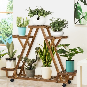 Étagère triangulaire pour plantes avec roues intérieur 6 pots <span class=keywords><strong>de</strong></span> fleurs en bois en <span class=keywords><strong>pot</strong></span> pour patio jardin affichage plantes succulentes plantes à fleurs - Product Image 2