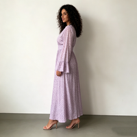 Robes longues décontractées et élégantes pour femmes, en gros, couleur lilas, imprimé floral, col en V, manches longues évasées à volants, taille haute