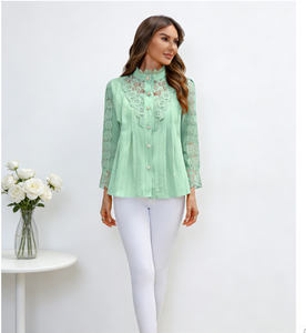 Blusa de Encaje Elegante y Exquisita para Mujer, Primavera/Verano 2026, Prenda Exterior Sencilla para Oficina, Manga Larga, Tejida, Disponible en EE. UU. - Product Image 6