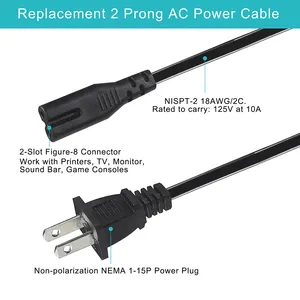 Cable de alimentación de 1,5 M, enchufe eléctrico estándar americano, con aprobación CE, de EE. UU., 0.824Mm, 2 pines, US C7 Ac, color negro