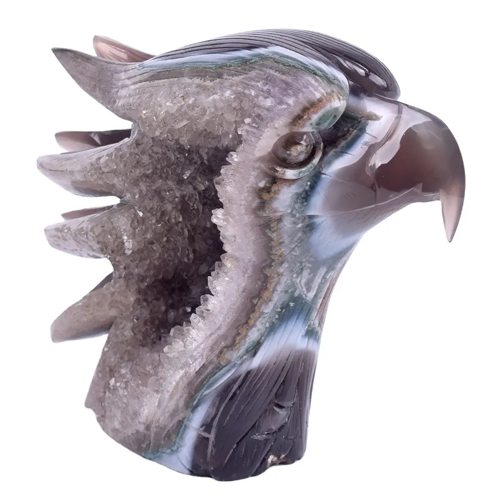 Exsiquitely 공예 조각 조각 천연 마노 독수리 머리 두개골