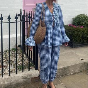 <b>Tie</b> Flare Long Sleeve Puffy Shirt Drawstring Pants Women's Plaid Printed 2 Piece <b>Set</b> Fashion - Product Image 4